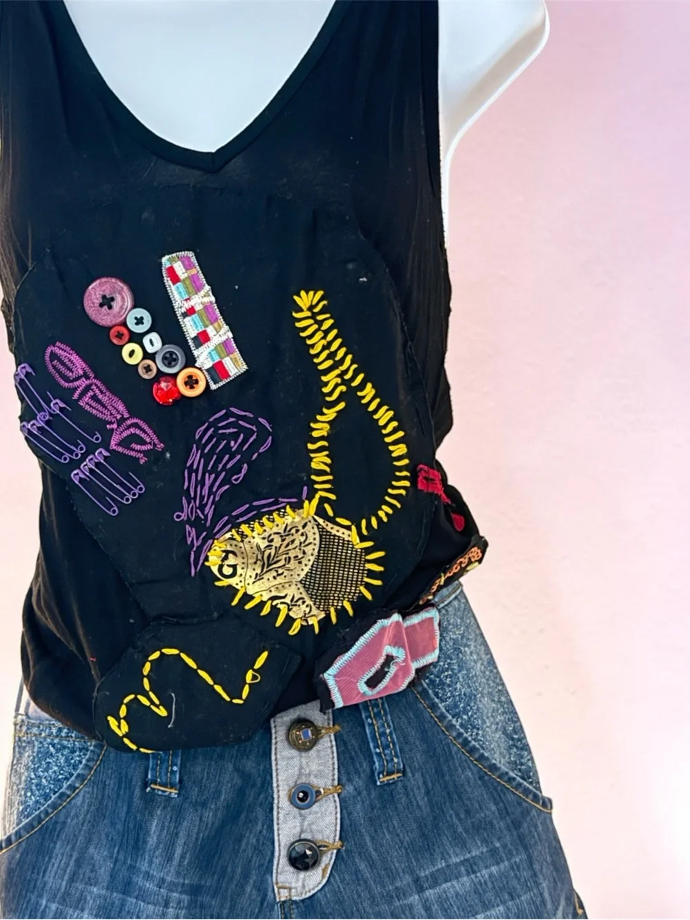 Desigual Black Tank Top with Multicolor Embroidered Graphics